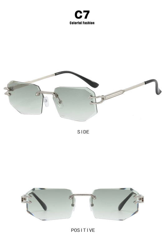 Rimless octagonal clear lens glasses with silver-toned metal temples and black ear tips, featuring decorative accents. - Image 13