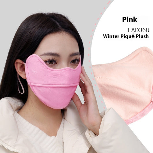 Black winter thermal mask with ear hooks, contoured for face and nose, shown on a person and in a close-up. - Image 6