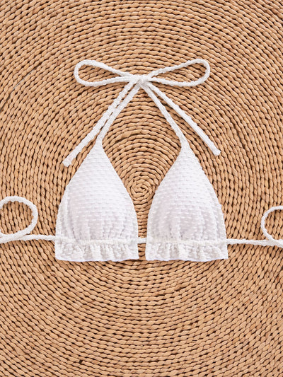 White polka dot three-piece swimsuit for women, featuring a halter bikini top with ruffled trim and matching high-waisted shorts. - Image 13