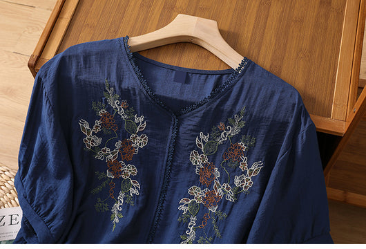 Blusa Suelta de Algodón y Lino con Escote V y Manga Corta para Mujer - Image 20