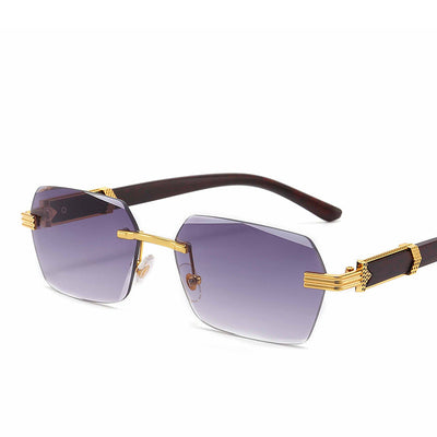 Frameless sunglasses with pink gradient lenses and dark brown wood-look temples with gold-tone accents. - Image 3