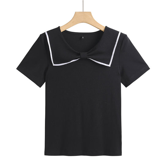 Blusa Coreana Cuello Redondo con Lazo Ajustada de Algodón Manga Corta - Image 6
