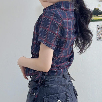 Camisa Cuadrille Retro con Pliegues Elegantes y Manga Corta - Image 11