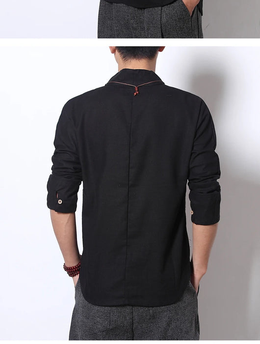 Camisa Lino Manga Larga Estilo Chino Retro para Hombre - Image 17