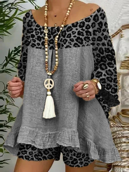 Traje Suelto Talla Grande con Estampado de Leopardo y Costuras Decorativas en Algodón y Lino - Image 17