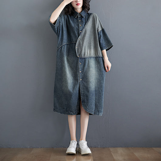 Vestido Denim Suelto Literario Vintage con Costuras Artesanales - Image 3