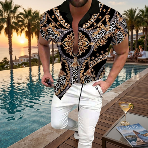 men's short-sleeved collared shirt, shirt, black, gold, white, casual, fashion