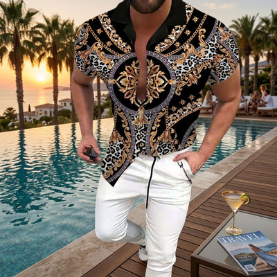 men's short-sleeved collared shirt, shirt, black, gold, white, casual, fashion