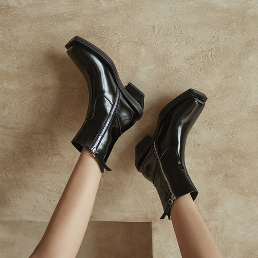 Botas de Cuero Cortas con Tacón Grueso y Punta Cuadrada - Image 11