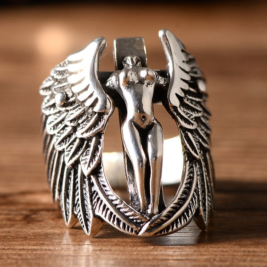 Anillo Plata 925 Ángel Guardián Vintage con Alas de Pluma