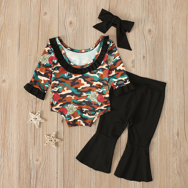 Conjunto Infantil Estilo Militar: Romper Manga Larga, Pantalón Acampanado y Diadema