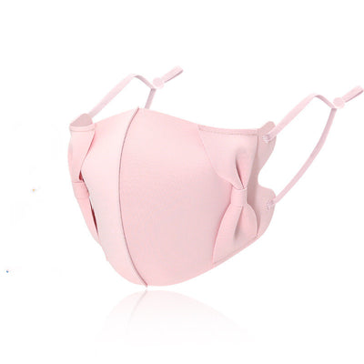 Light blue ice silk face mask with decorative bows on the sides and adjustable ear loops, shown on a white background. - Image 21