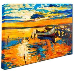 Cuadro Óleo Pintado a Mano - Decoración Barco en Muelle, Tonos Naranja y Azul - Image 3