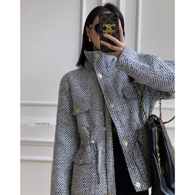 Abrigo Tweed Coreano con Cuello Alzado para Mujer - Image 8