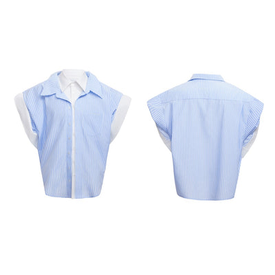 Cardigan Falsa Dos Piezas a Rayas Azul Universitario Manga Corta - Image 3