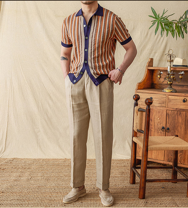 Suéter de Manga Corta con Jacquard Rayado y Costuras Decorativas para Hombre - Image 4