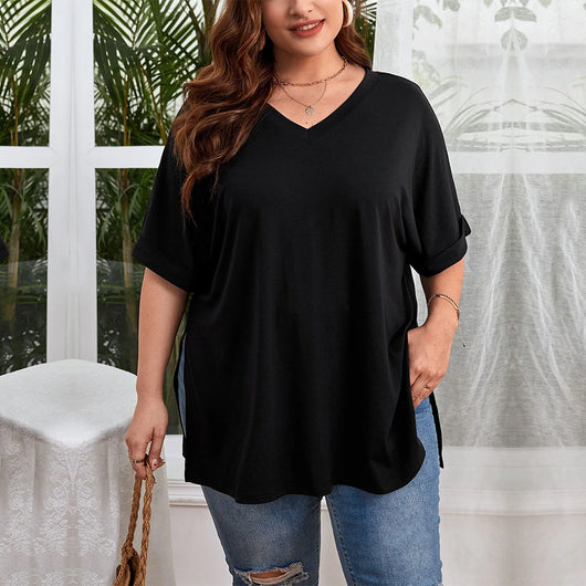 Blusa Suelta con Escote en V y Abertura Lateral - Camiseta Casual de Manga Corta - Image 2