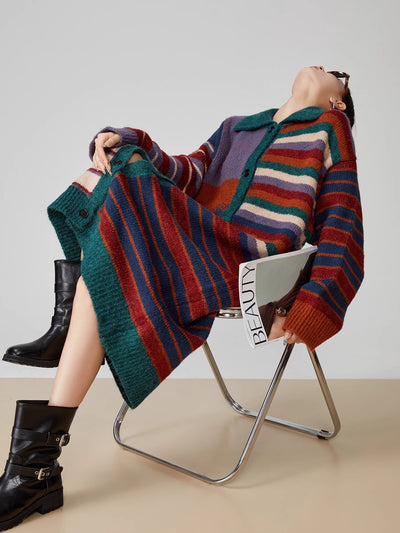 Suéter Abrigo Retro con Rayas de Colores para Mujer - Image 2