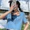 Blusa Dulce com Decote Quadrado e Manga Curta Falsa de Duas Peças