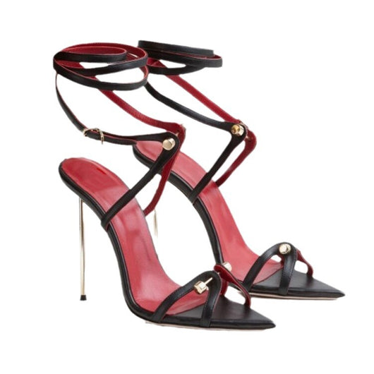 Zapatos Mujer Tacón Metal Punta Afilada Estilo Romano con Cordones - Image 9