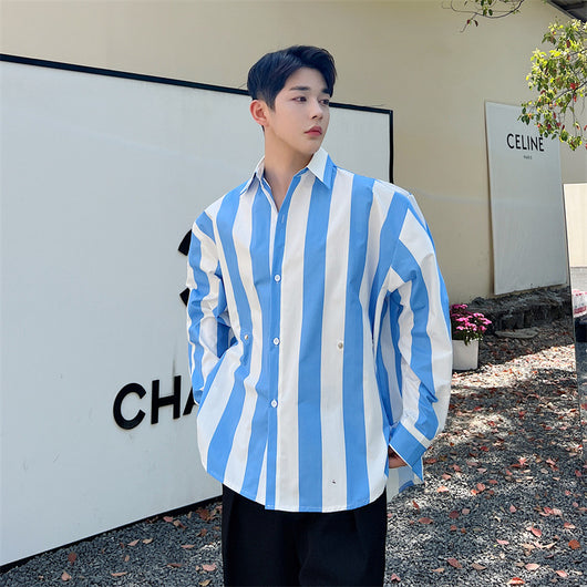 Camisa Oversize a Rayas con Pliegues y Botones en la Cintura para Hombre - Image 9