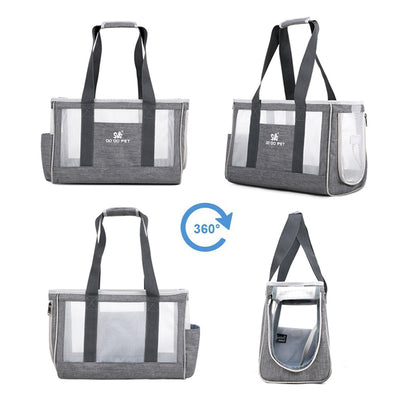 Navy blue portable pet carrier bag with mesh windows, top handles, and a side pocket for small dogs or cats. - Image 4