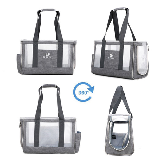 Navy blue portable pet carrier bag with mesh windows, top handles, and a side pocket for small dogs or cats. - Image 4