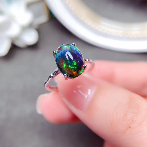 Anillo de Ópalo Negro Natural con Mosaico en Plata 925