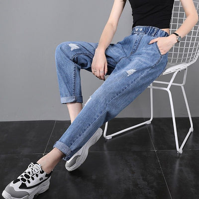 Pantalones Harem Rabanero de Cintura Alta con Rotos y Elástico Fino - Image 2