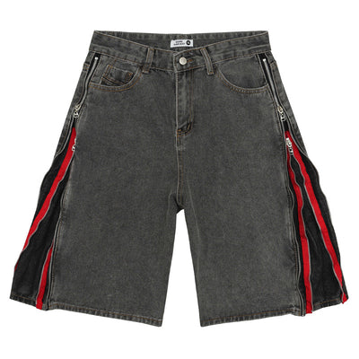 Shorts Vaquero Retro Negro y Rojo con Doble Cierre Lavado Vintage