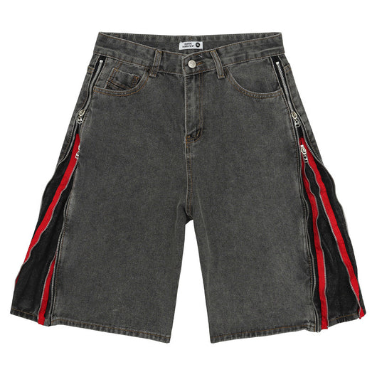 Shorts Vaquero Retro Negro y Rojo con Doble Cierre Lavado Vintage