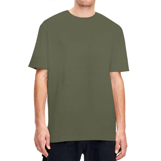 Plain light beige short-sleeved crew neck t-shirt made of cotton, shown on a model. - Image 31