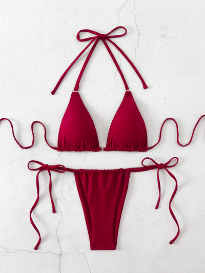 Brown bikini set with triangle top and thong bottom, featuring adjustable straps, displayed on a marble surface. - Image 20