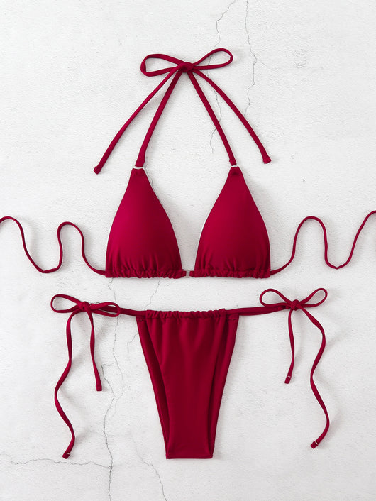 Brown bikini set with triangle top and thong bottom, featuring adjustable straps, displayed on a marble surface. - Image 20