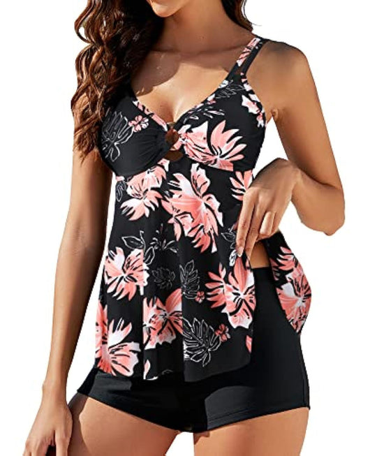 Women's plus size two-piece swimsuit with a red floral print tankini top and black boxer swim shorts. - Image 23