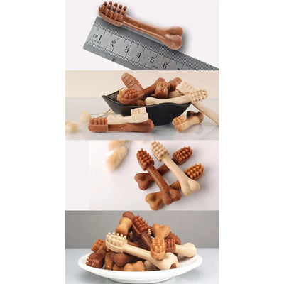 YaHo bone-shaped dog snacks in various brown and tan shades, some with dental nubs, in a black bowl. - Image 12