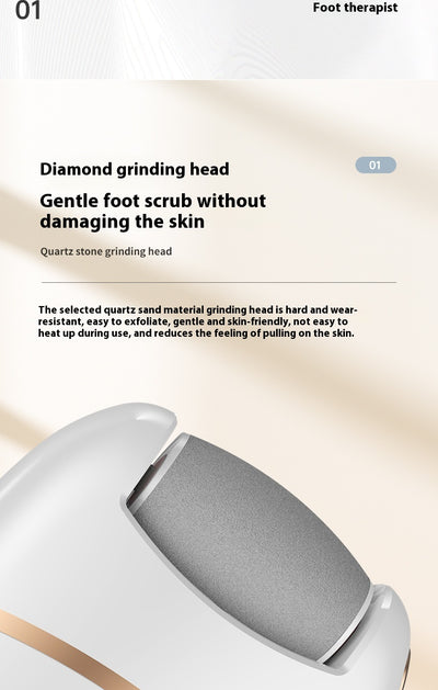 White and gold electric foot callus remover with a roller head, a replacement roller, cleaning brush, and USB cable. - Image 12