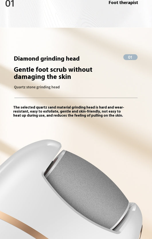 White and gold electric foot callus remover with a roller head, a replacement roller, cleaning brush, and USB cable. - Image 12