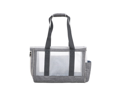 Navy blue portable pet carrier bag with mesh windows, top handles, and a side pocket for small dogs or cats. - Image 18