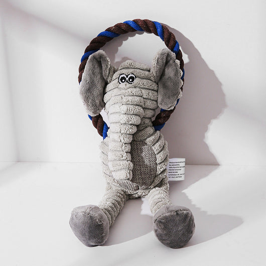 Gray plush elephant pet toy with ribbed texture and embroidered eyes, attached to a brown and blue braided rope ring. - Image 6