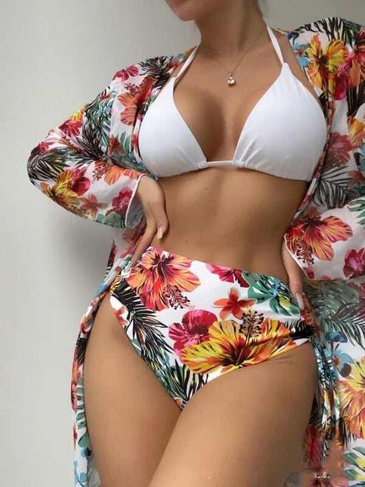 Three-piece bikini set with a solid green halter top, high-waisted tropical floral print bottoms, and matching mesh blouse. - Image 4