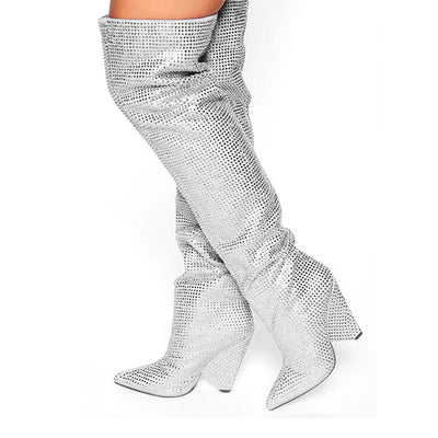 Botas Hasta la Rodilla con Tacón Cuña Punteado y Cristales Brillantes Talla Grande - Image 17