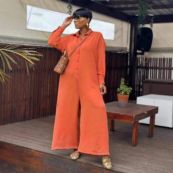 Jumpsuit Casual Holgado Cuello Redondo Manga Larga Pierna Ancha