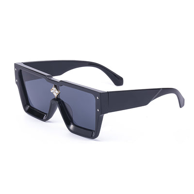 Black large frame square sunglasses with dark lenses and a gold star-shaped embellishment on the bridge. - Image 14