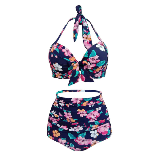 Navy blue floral high-waisted bikini with a halter top and front tie knot, featuring pink, orange, and white flowers. - Image 10