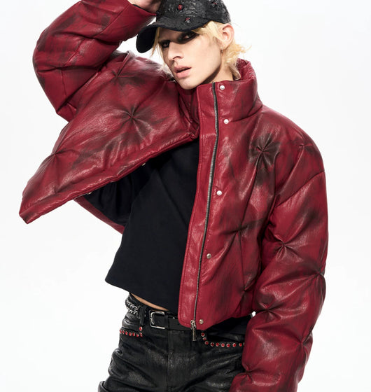 Chaqueta Puffer Corta de Cuero con Cuello Alto y Fruncido - Image 9