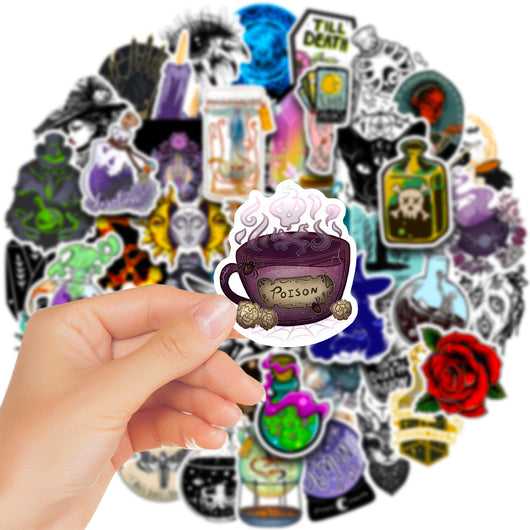 50 waterproof PVC stickers featuring occult, witchy, and mystical designs, including a prominent sun and moon face. - Image 4