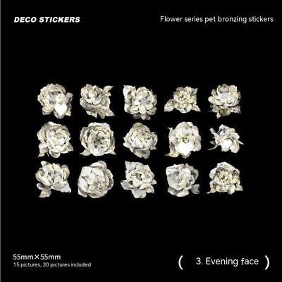 Set of 30 white and cream flower stickers, 55x55mm, featuring various chrysanthemum designs with a bronzing effect. - Image 5