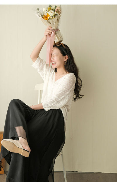 Pantalones Anchos de Cintura Alta en Malla y Gasa - Comodidad Elegante - Image 52
