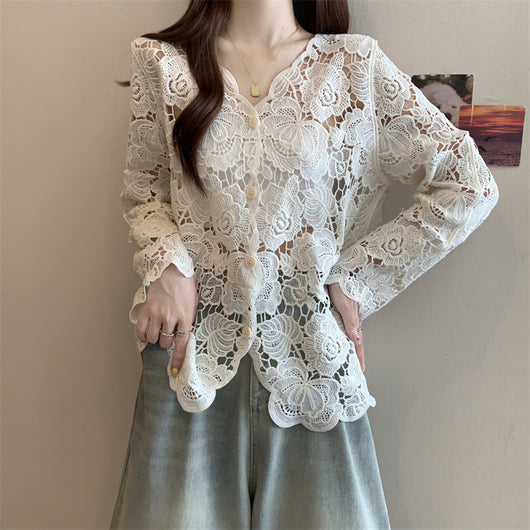 Blusa Larga de Encaje Calado con Mangas Largas para Mujer - Image 21